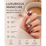 Wine‑Red Medium‑Long Almond Press‑On Nails，Luxury False Nails with Silver Glitter, Metal Butterfly & Heart Rhinestones
